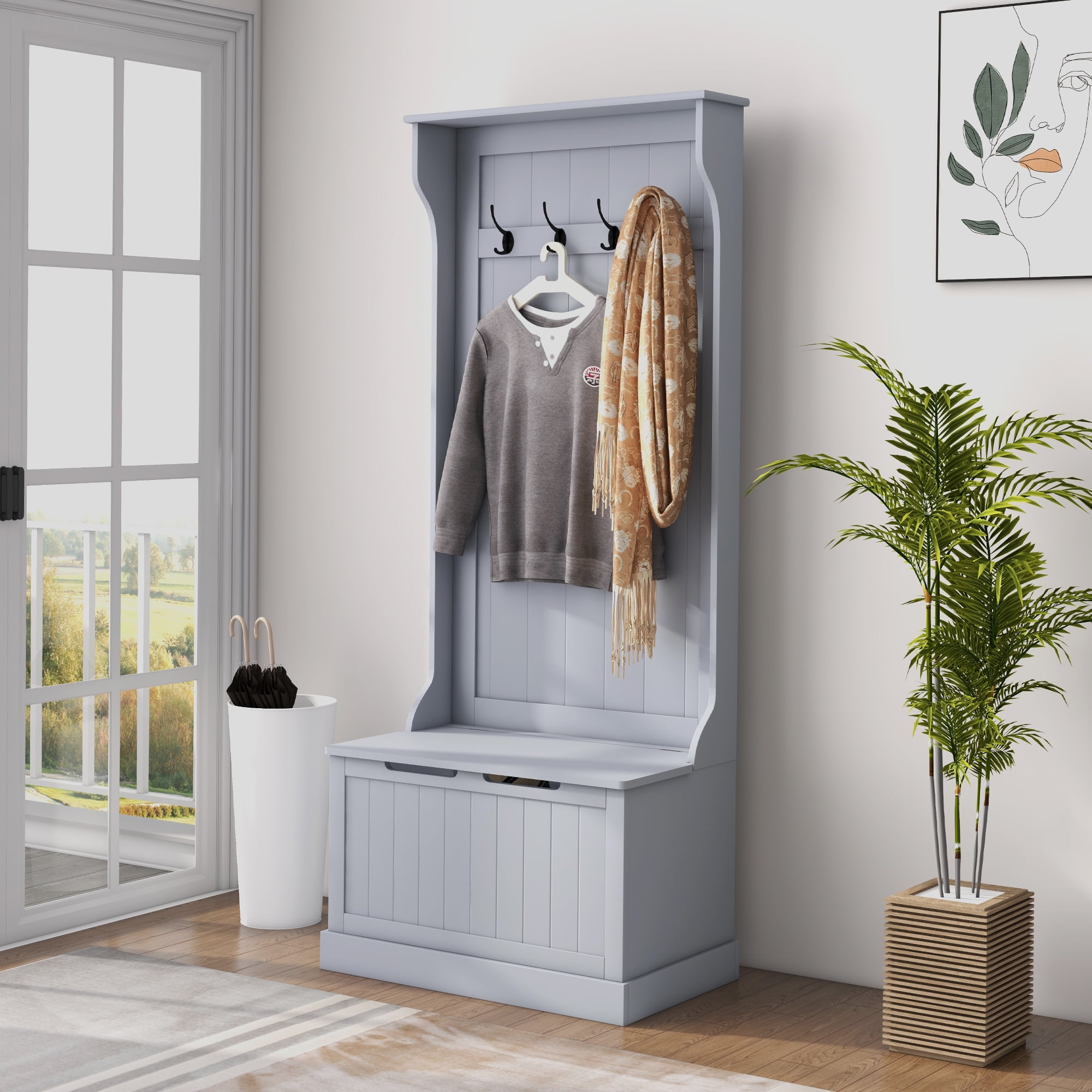 Gray Wooden Hall Tree with Storage Bench and Coat Rack