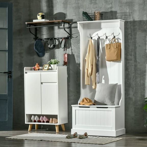 HOMCOM 3-In-1 Entryway Hall Tree with Storage Bench, Coat Rack with Four Hooks, and Shoe Storage, White
