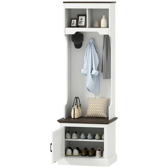 HOMCOM Hall Tree with Shoe Storage, Coat Rack with Shoe Bench, White