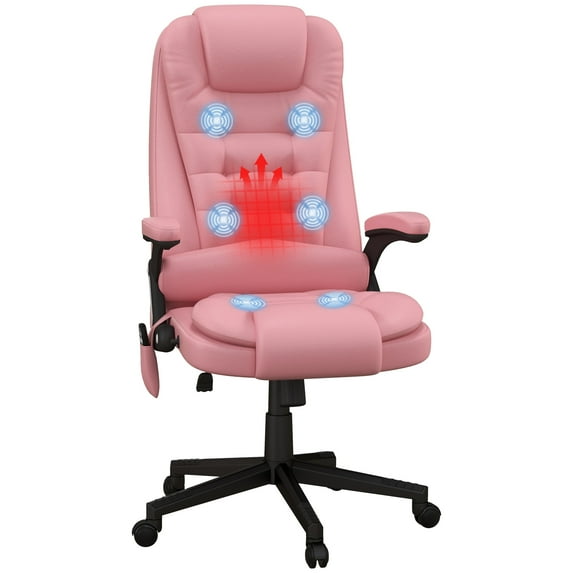 Homiyad High Back Vibration Massage Office Chair with 6 Vibration Points, Heated Reclining PU Leather Computer Chair with Armrest and Remote, Pink