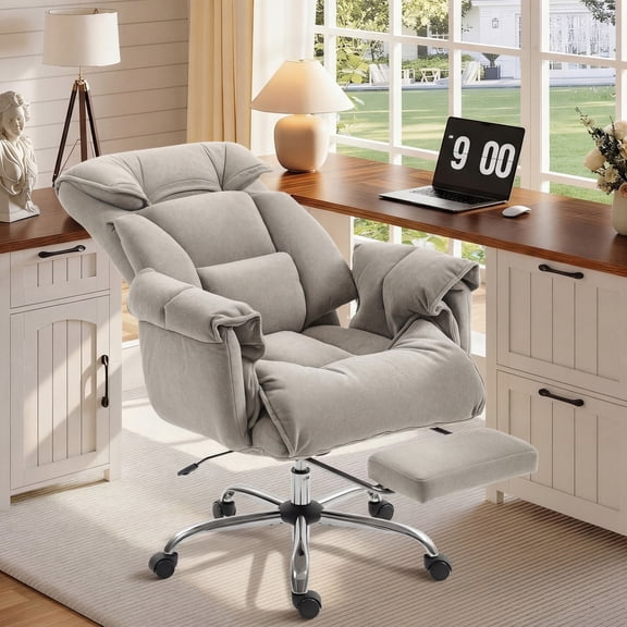 HOMCOM High Back Office Chair, Reclining Desk Chair with Footrest, Thick Cushion, High Resilience Foam, Adjustable Height, Rolling Wheels, Light Gray