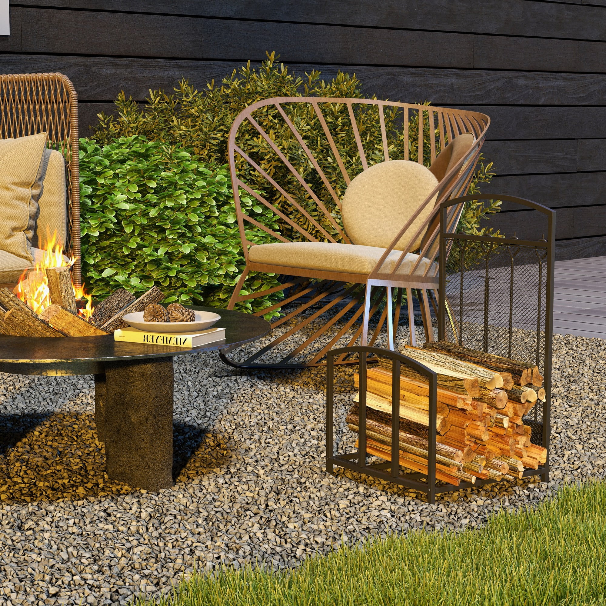 Black Wrought Iron Indoor/Outdoor Firewood Rack with Tool Set