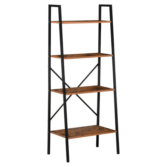 HOMCOM Industrial 4 Tier Ladder Shelf Bookshelf Vintage Storage Rack Plant Stand with Wood Metal Frame for Living Room Bathroom, Distressed Brown