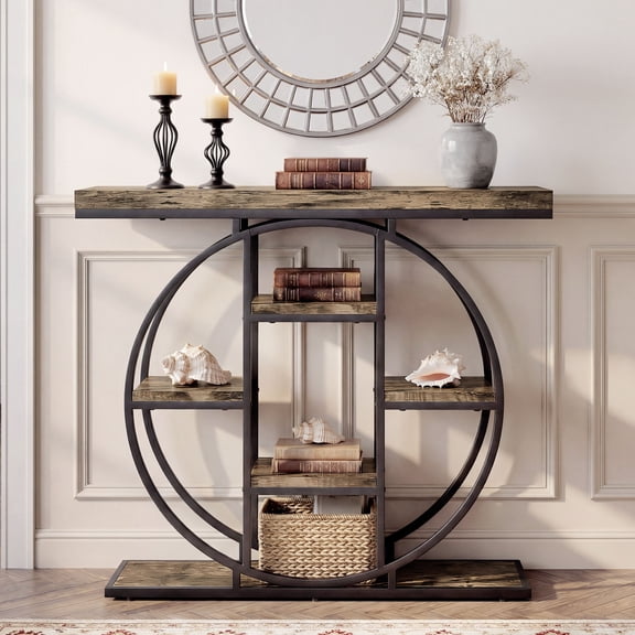 HOMCOM Industrial Console Table, Sofa Entryway Table with Storage Shelves and Circle Steel Frame, Rustic Oak