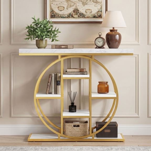 HOMCOM Industrial Console Table, Sofa Entryway Table with Storage Shelves and Circle Steel Frame, White Marble Effect