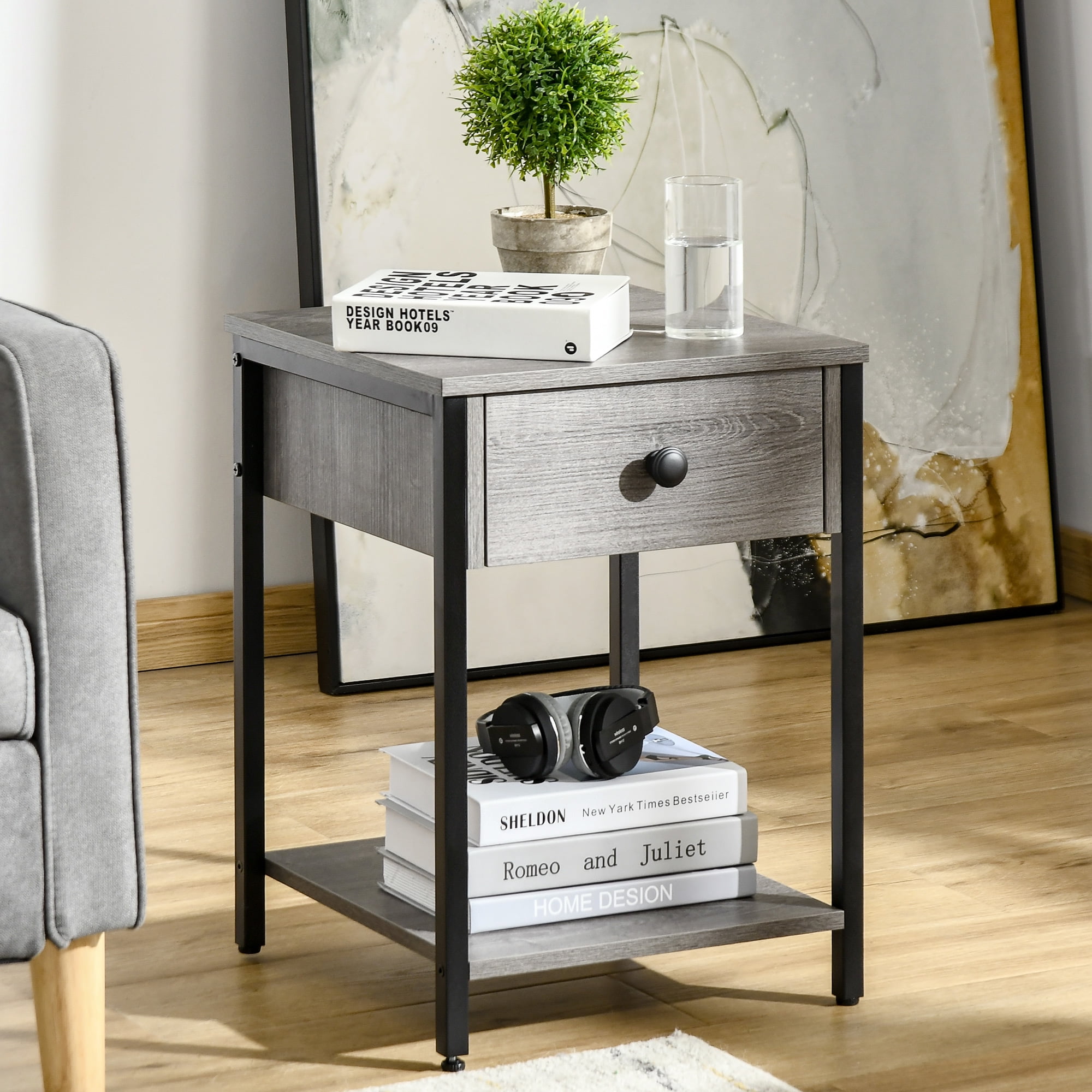 Gray Wood and Black Metal Industrial End Table Set with Storage