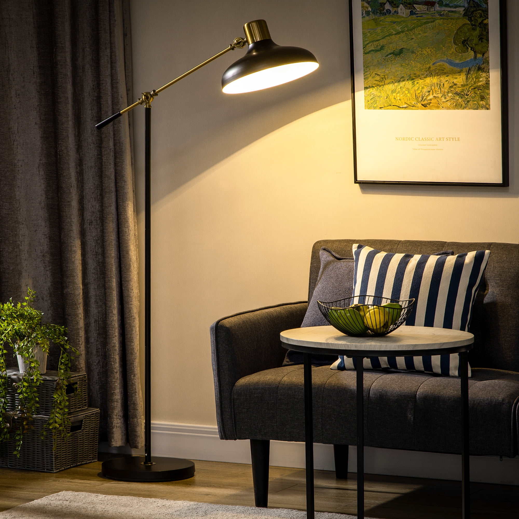 Tall Adjustable Black and Gold Metal Floor Lamp with Balance Arm