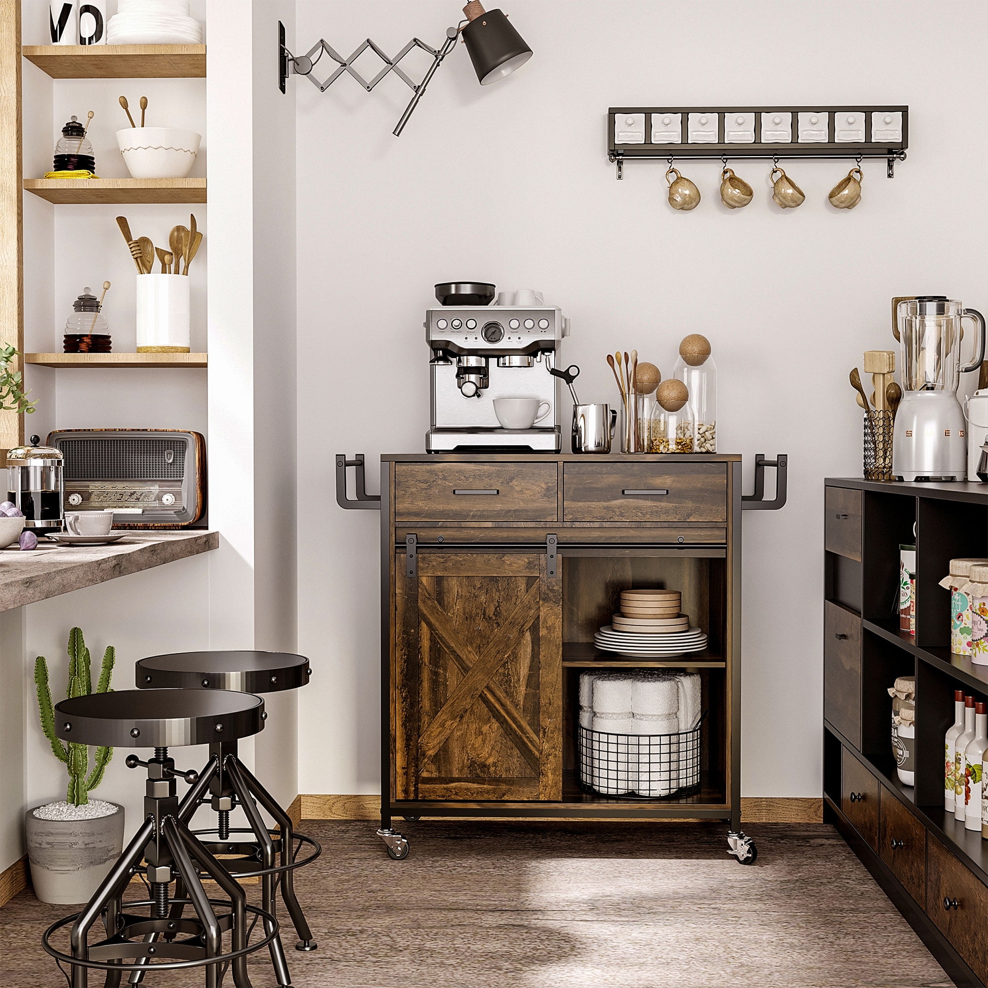 HOMCOM Rustic Farmhouse Kitchen Cart, Rolling Storage Island with Adjustable Shelf, Two Drawers, Sliding Barn Door Cabinet and Towel Rack