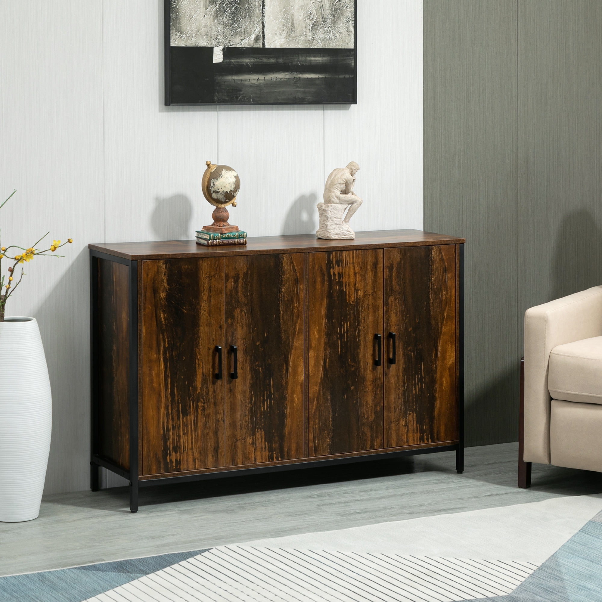 Rustic Brown Steel Frame Buffet Sideboard with Adjustable Shelves