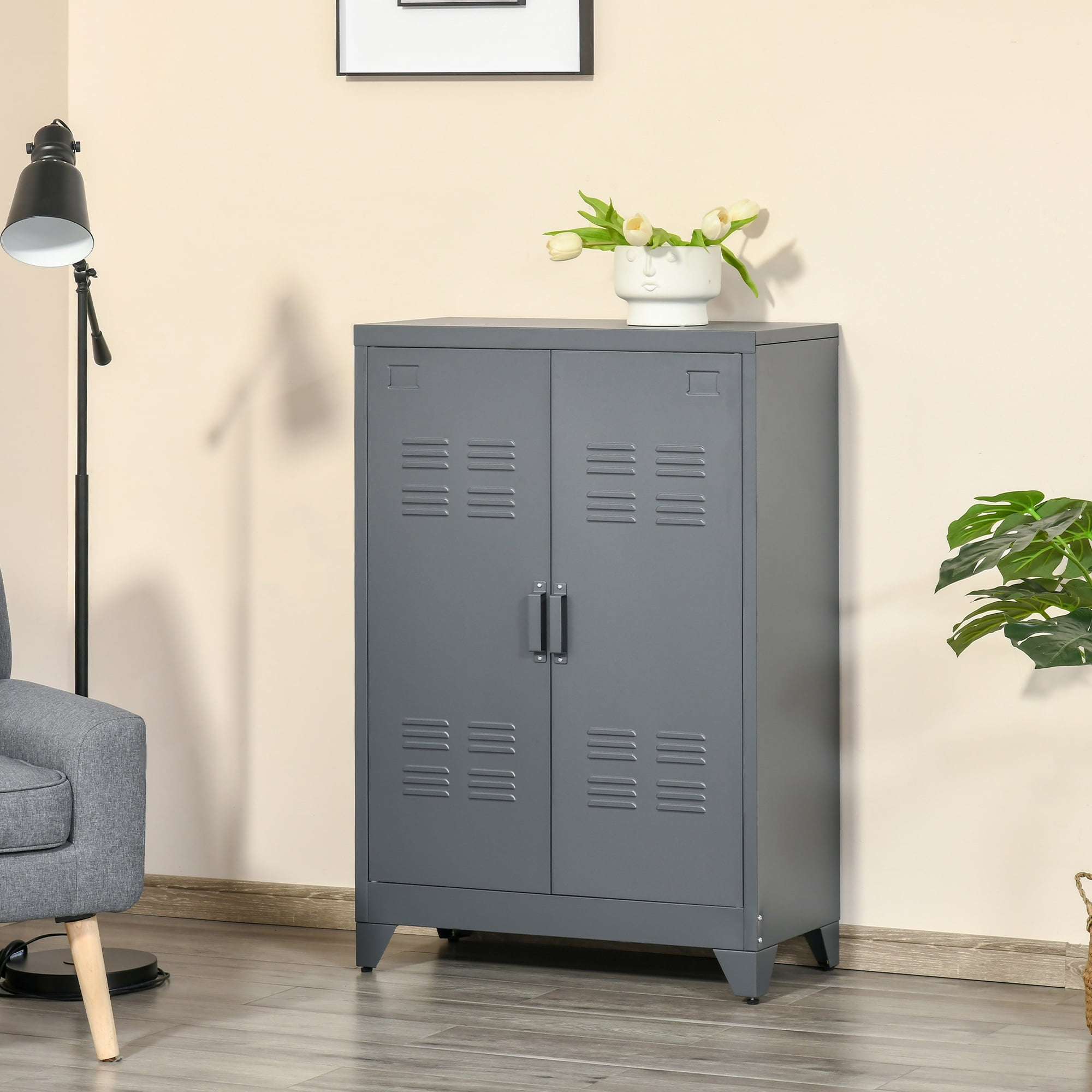 Industrial Grey Steel Office Storage Cabinet with Adjustable Shelving