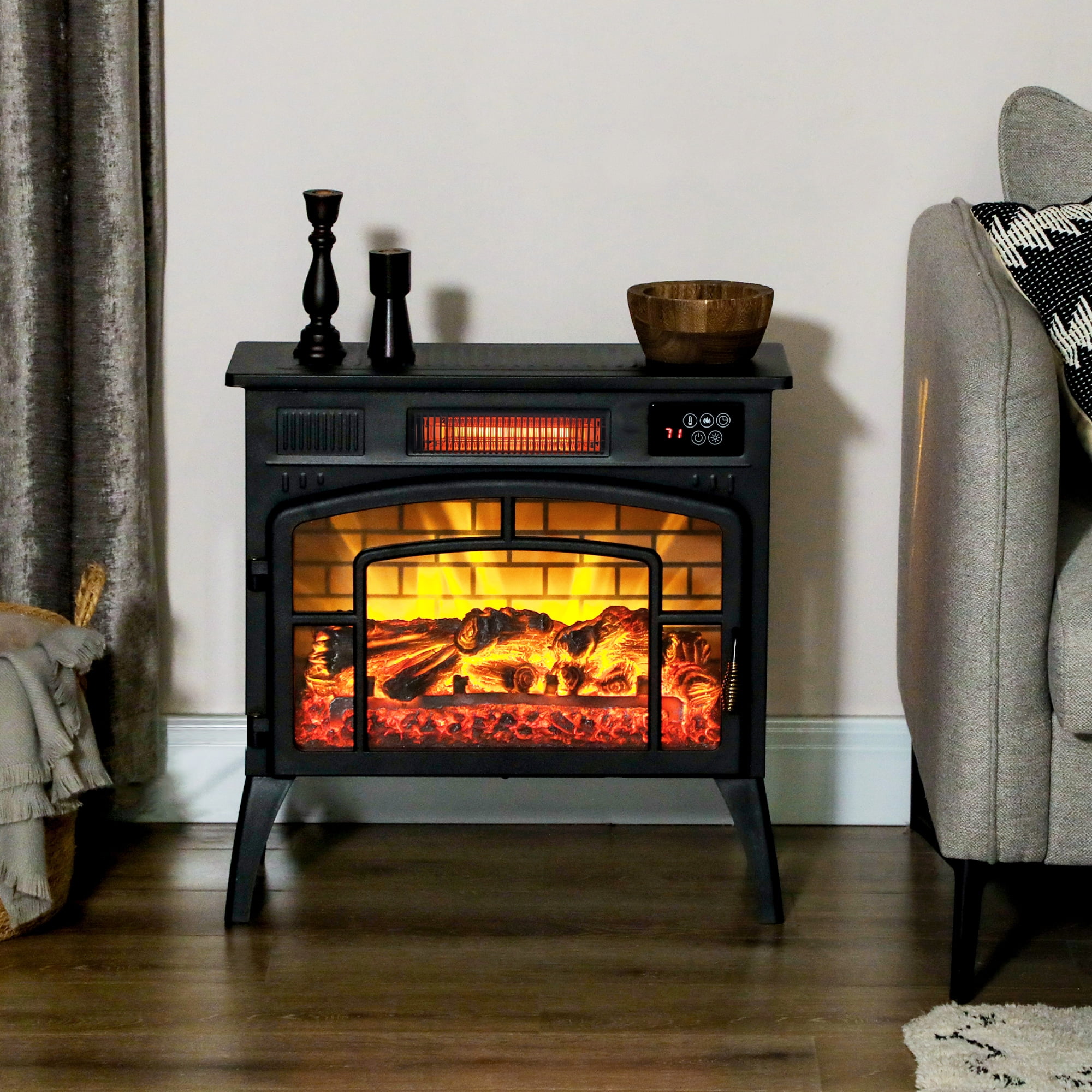 HOMCOM Electric Fireplace Stove, Freestanding Infrared Fireplace Heater with Realistic Flame Effect & Adjustable Temperature, 1500W, Black