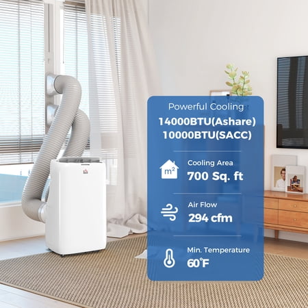 HOMCOM Inverter Air Conditioner, 14000 BTU Dual Hose Portable AC Unit with Cool, Dehumidifier, Fan, for 700 Sq. ft, 24H Timer On Off, Window Kit