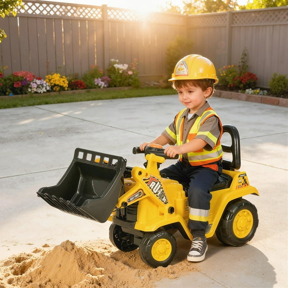 HOMCOM Ride On Bulldozer, Pull Cart Kids Sit & Scoot Construction Toy with Horn, Storage, Shovel for Sand and Snow, Ages 3 Years Old