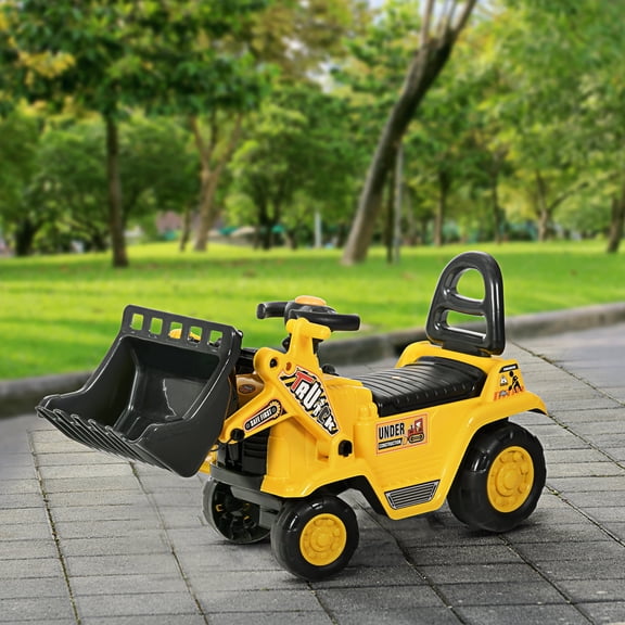 HOMCOM Kids Ride On Bulldozer Toy, 2-in-1 Construction Vehicle with Front Loader, Storage Compartment, Horn, Pull Cart, Yellow
