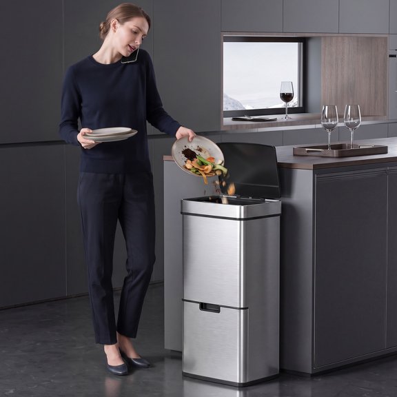 HOMCOM Kitchen Bin 3 Compartments Motion Sensor Trash Can Infrared Lid for Home 19 Gal Silver