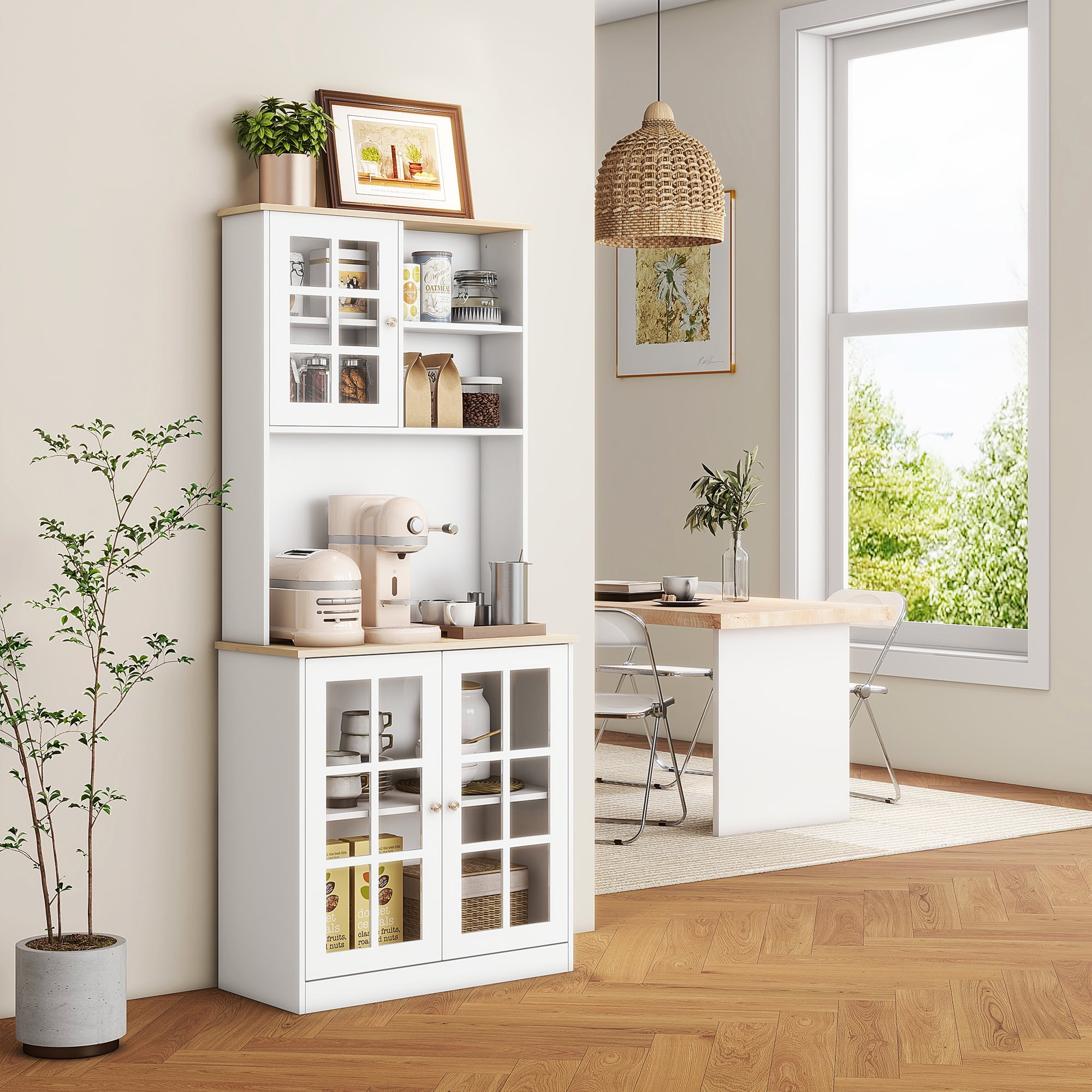 White and Light Wood Kitchen Hutch with Glass Doors