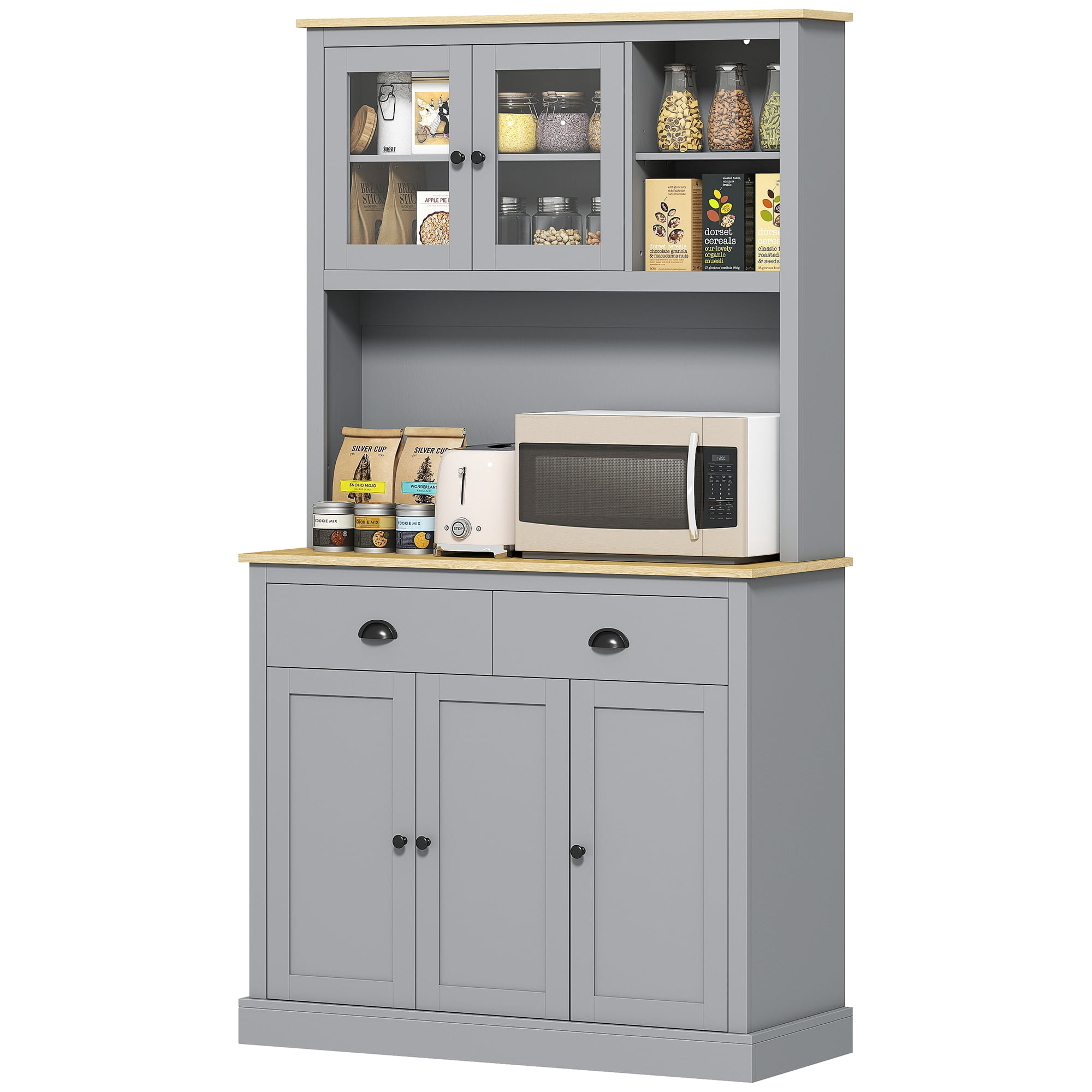 HOMCOM Kitchen Cabinet with Microwave Stand, 71" Pantry Cabinet, Gray