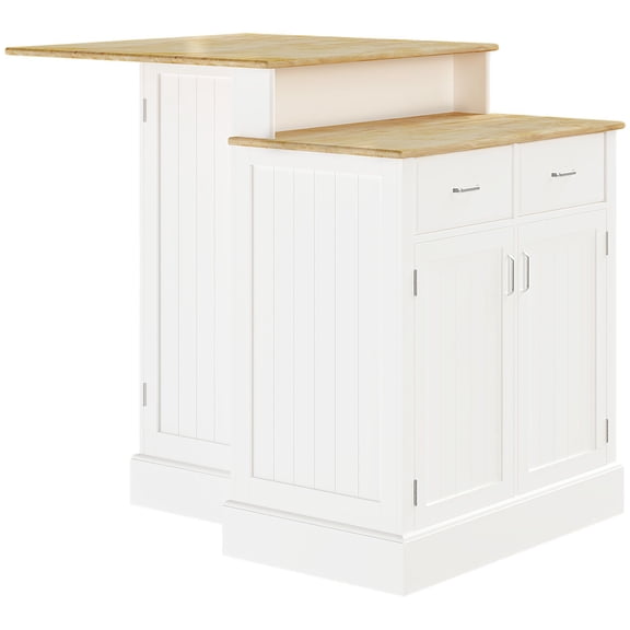 HOMCOM Kitchen Island with 2-Level Rubberwood Tabletop, White Kitchen Island Table with 2 Drawers, 2 Cabinets & Adjustable Shelves for Dining Room and Kitchen Storage, 30"W x 38.5"D x 36.5"H