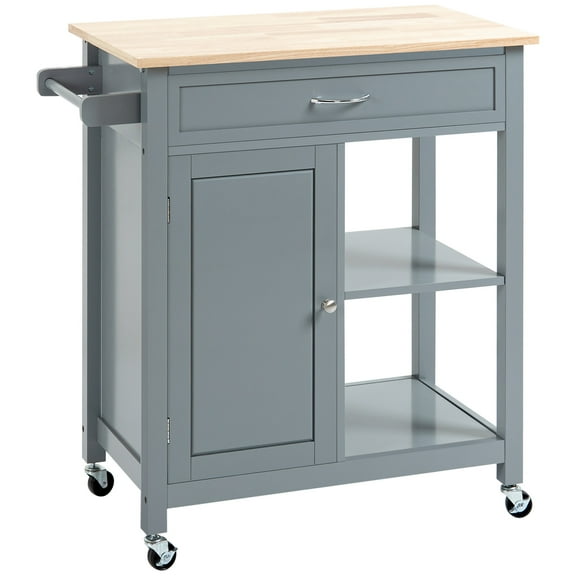 HOMCOM Kitchen Island Cart, Rolling Kitchen Island with Storage, Solid Wood Top, Drawer, for Dining Room, Gray