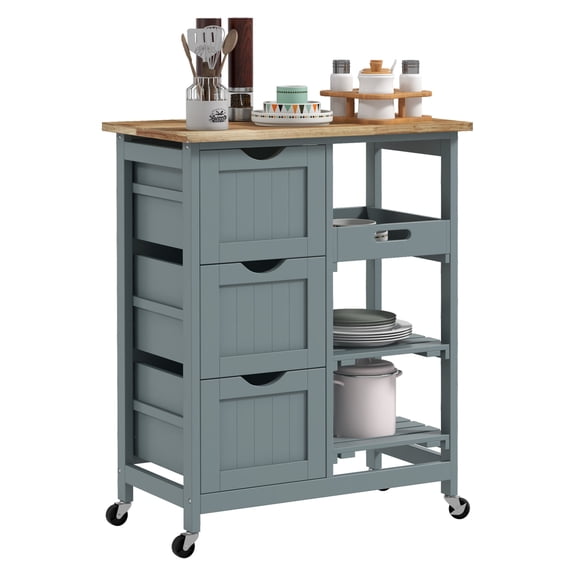 HOMCOM Kitchen Island Cart with Wheels, Rolling Bar Serving Cart, Gray Wood Top, 3 Drawers & Shelves - Compact Trolley for Dining Area Gray + MDF