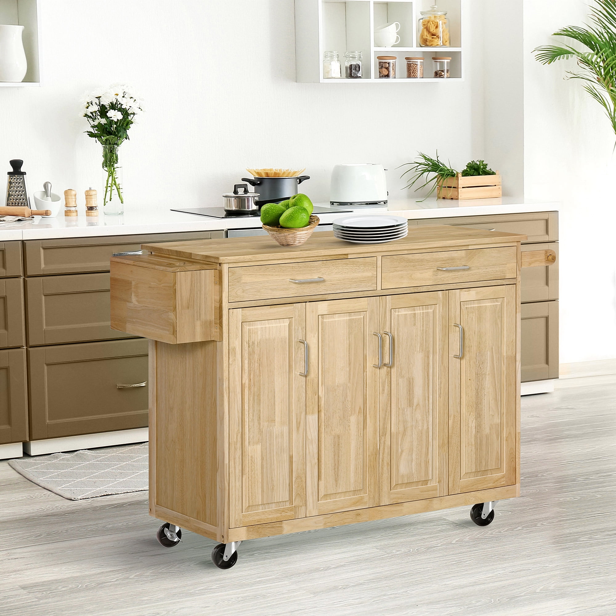 Natural Wood Kitchen Cart with Drawers and Spice Rack