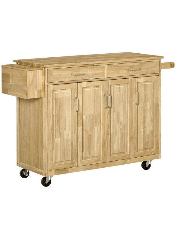HOMCOM Kitchen Island on Wheels, Prep Cart with Drawers, Storage Cabinets, Natural