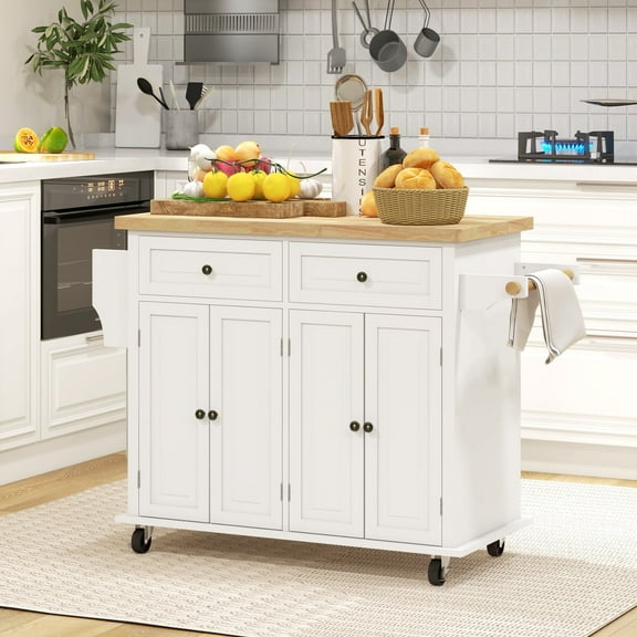 HOMCOM Kitchen Island on Wheels, Rolling Cart with Rubber Wood Top, Spice Rack, Towel Rack & Drawers for Dining Room, Cream White