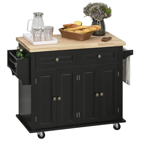 HOMCOM Kitchen Island on Wheels, Rolling Cart with Rubberwood Top, Spice Rack, Black