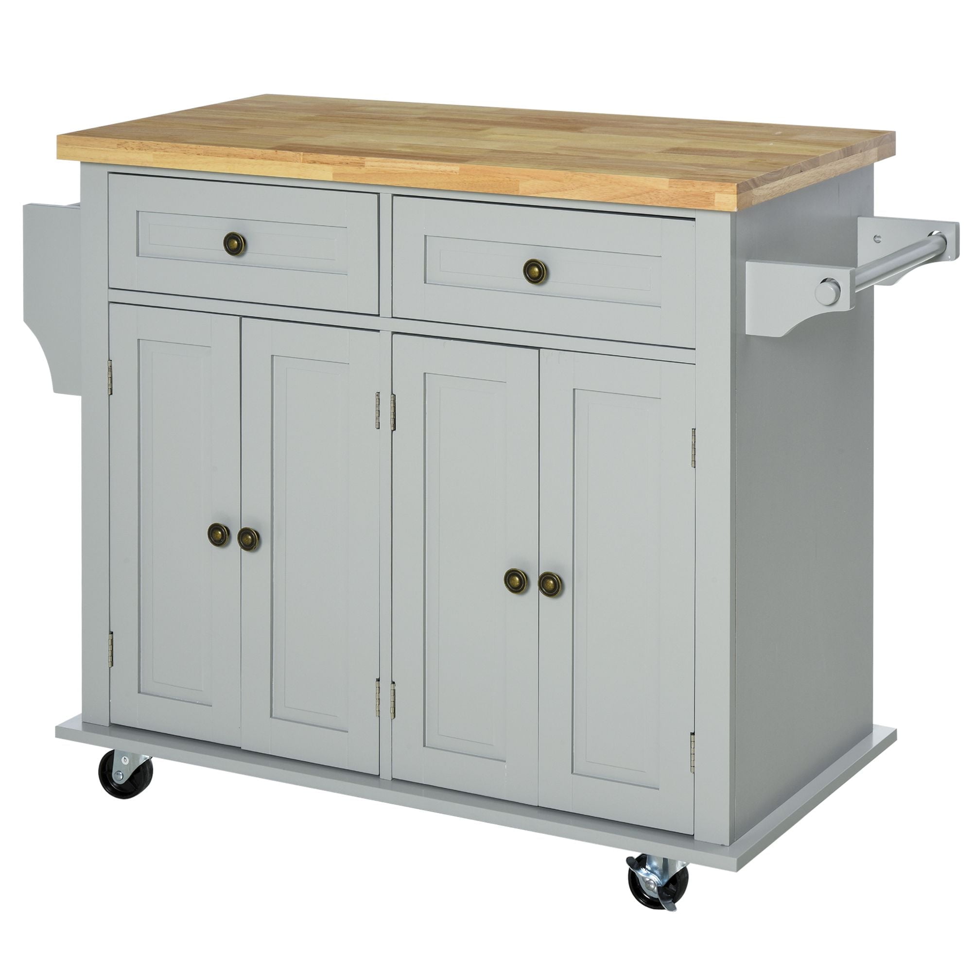 HOMCOM Kitchen Island on Wheels, Rolling Cart with Rubberwood Top, Spice Rack, Grey
