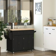 HOMCOM Kitchen Island on Wheels, Rolling Cart with Rubberwood Top, Spice Rack, Towel Rack and Drawers for Dining Room, Black