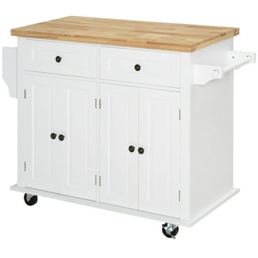 HOMCOM Kitchen Island on Wheels, Rolling Cart with Rubberwood Top, White