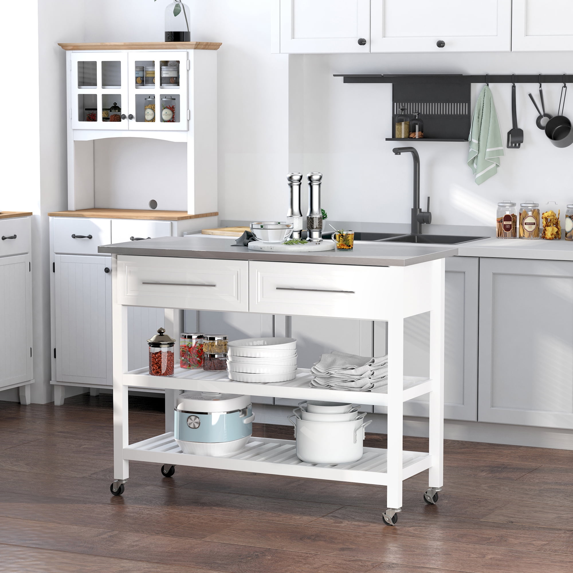 White Stainless Steel Top Kitchen Cart with Storage and Shelves
