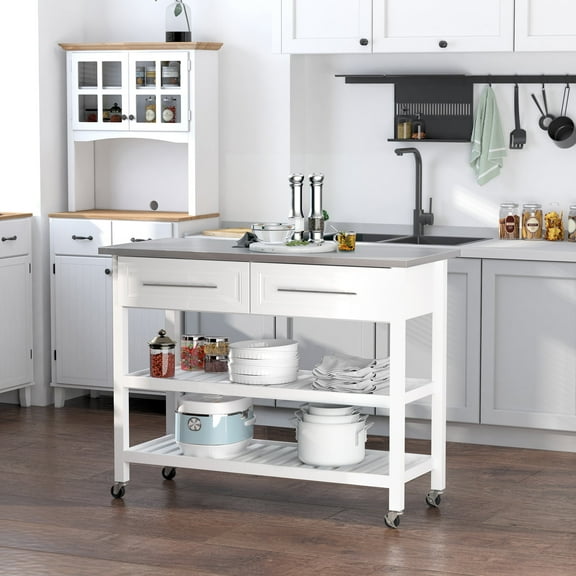 HOMCOM Kitchen Island with Stainless Steel Top, Open Shelves, and Drawers, White