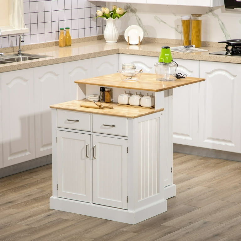 HOMCOM Kitchen Island with Doors Cupboard Shelf 2 Level Rubber Wood Tabletop Adjustable Shelves Drawers White Walmart