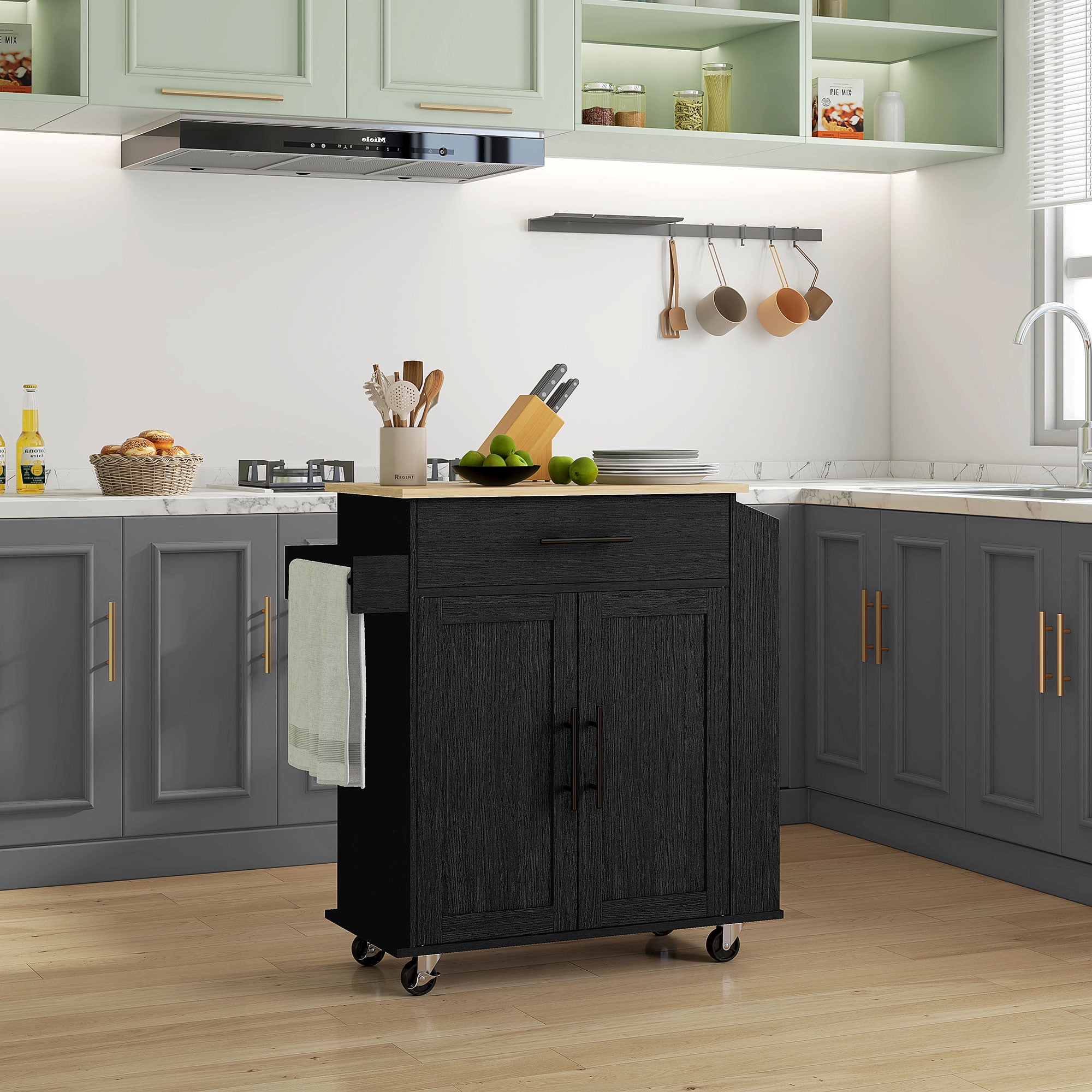 HOMCOM Kitchen Island with Storage and Power Outlets, Rolling, Black