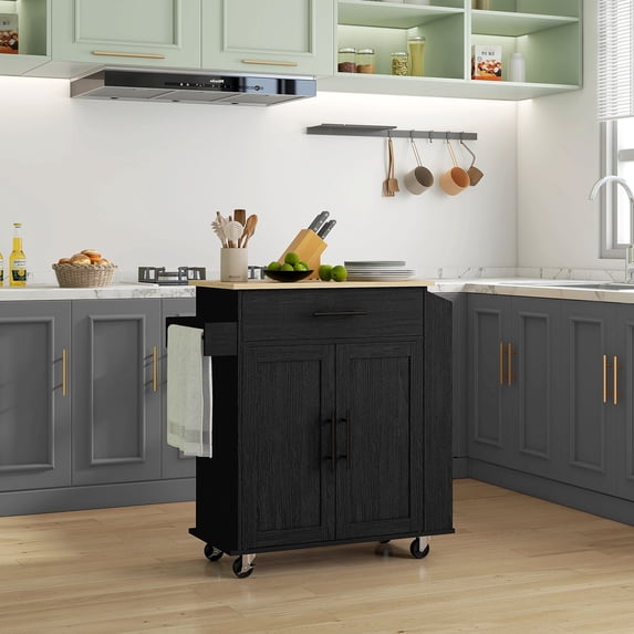 HOMCOM Kitchen Island with Storage and Power Outlets, Rolling, Black
