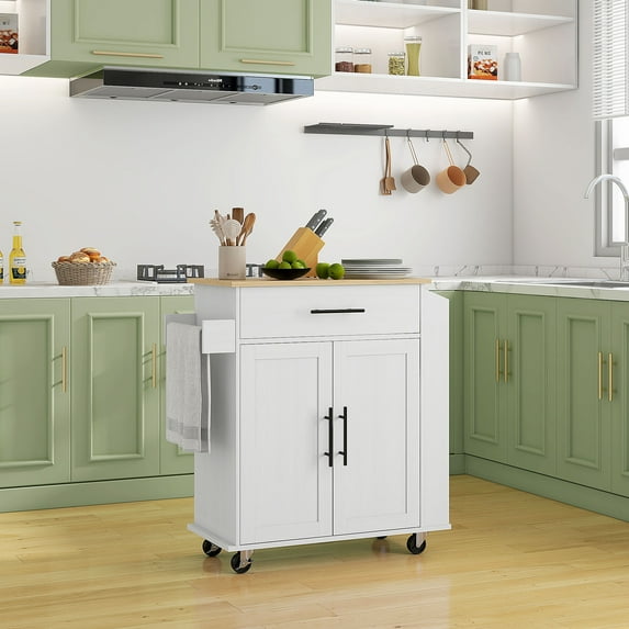 HOMCOM Kitchen Island with Storage and Power Outlets, Rolling, White