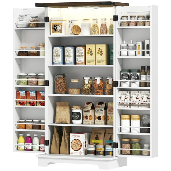 HOMCOM Kitchen Pantry Cabinet with Sensing LED Light Storage Cabinet White