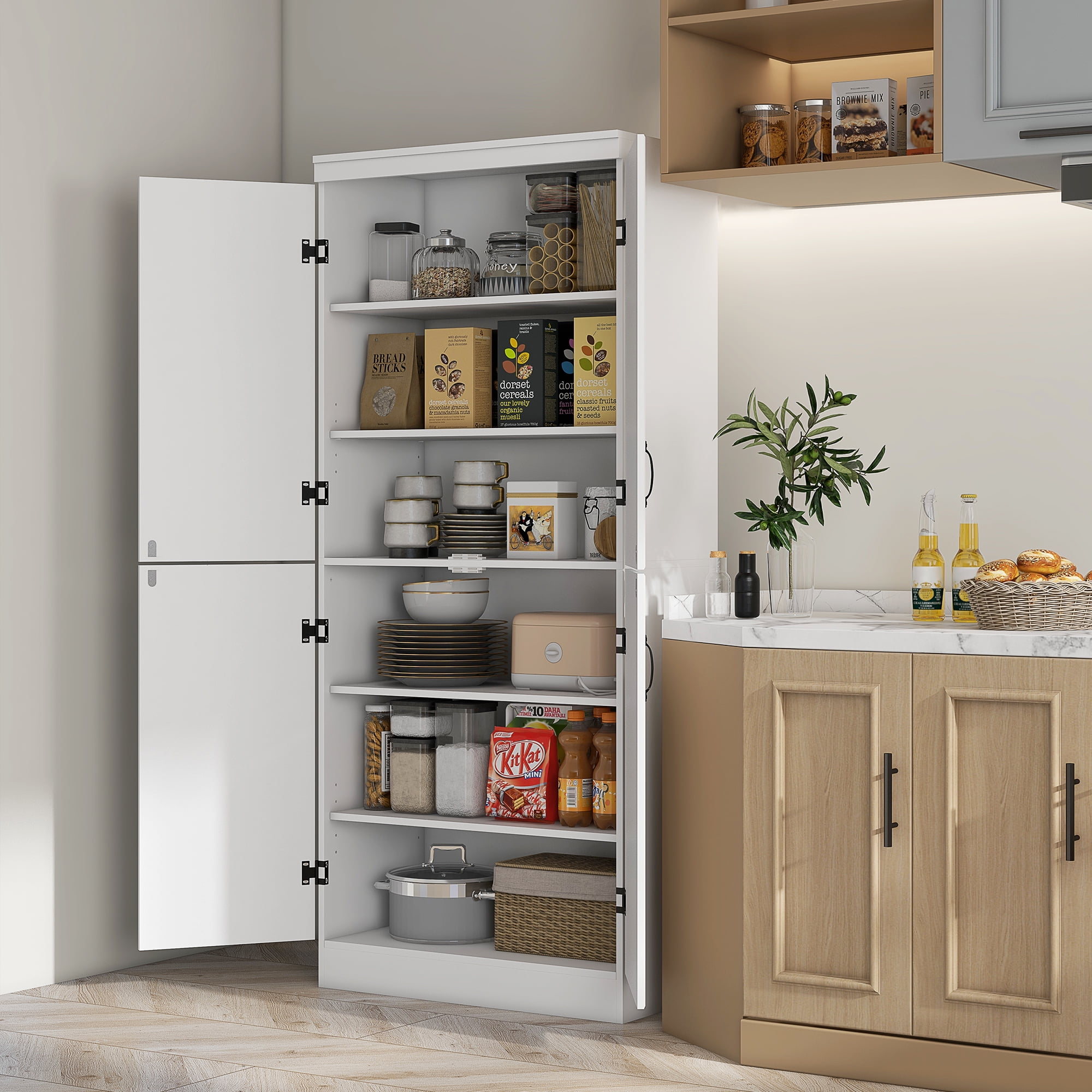HOMCOM 70 4 Door Kitchen Pantry Freestanding Storage Cabinet 6 tier Cupboard with Adjustable Shelves for Living Room White