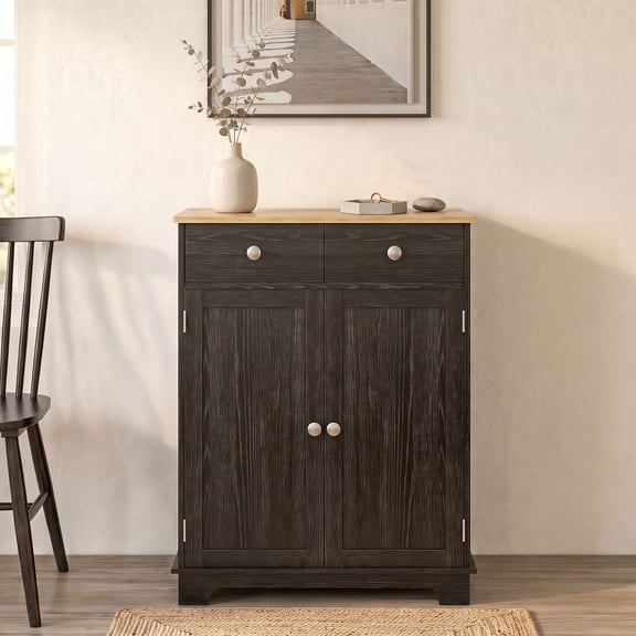 HOMCOM 2-Door Sideboard Buffet Cabinet, Kitchen Storage Cabinet with Solid Wood Top, 2 Drawers and Adjustable Shelf for Dining Room, Distressed Black