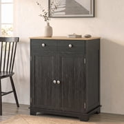 HOMCOM 2-Door Sideboard Buffet Cabinet, Kitchen Storage Cabinet with Solid Wood Top, 2 Drawers and Adjustable Shelf for Dining Room, Distressed Black