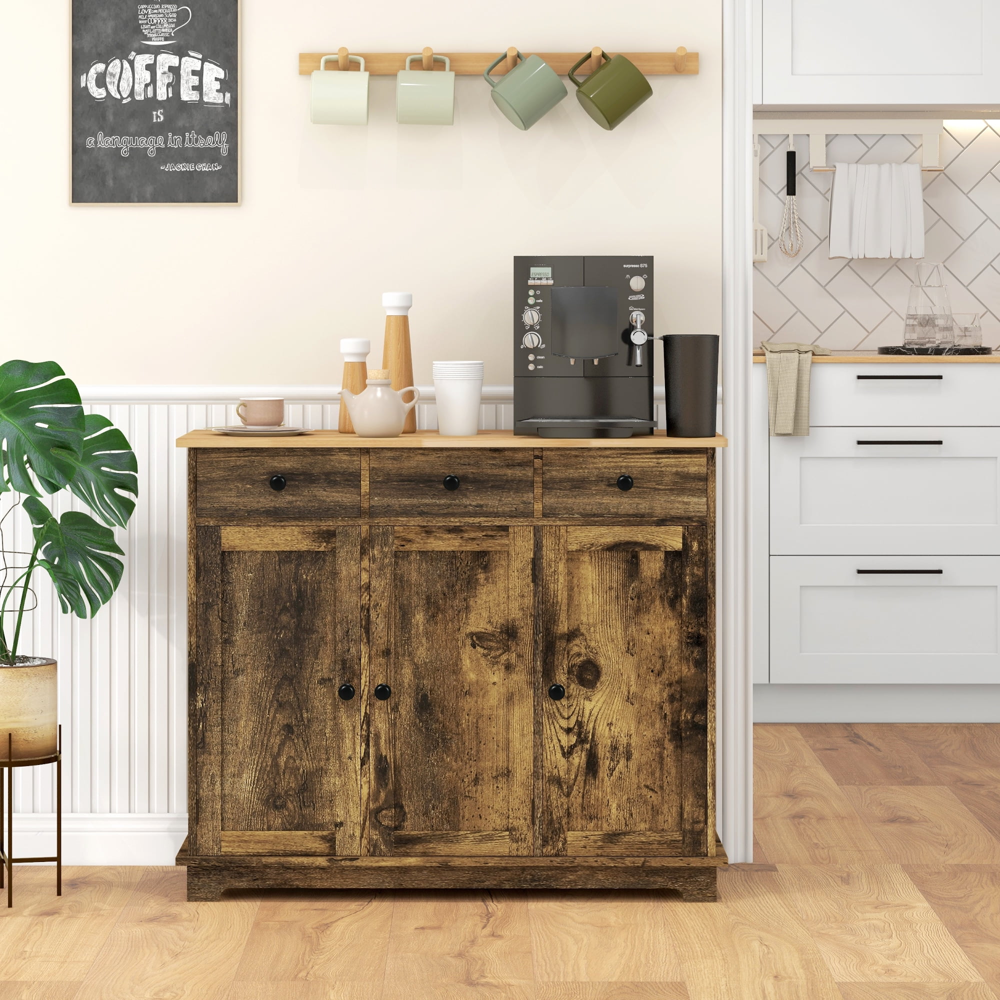 Farmhouse Style Sideboard Cabinet – Solid Mango Wood Storage With Drawers & Doors