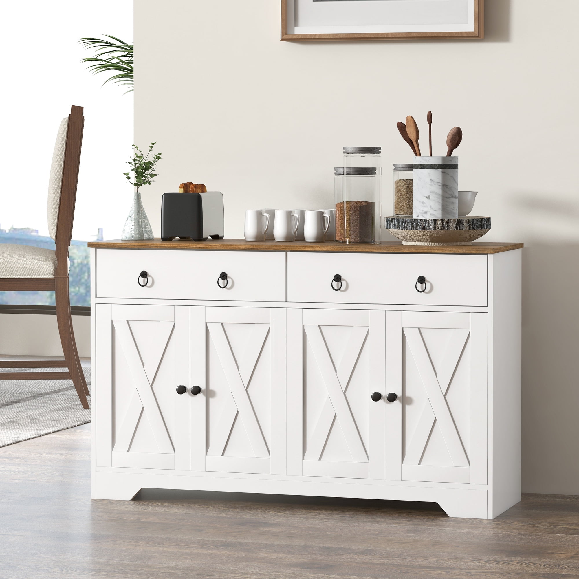 White Farmhouse Sideboard Buffet Cabinet with Barn Doors and Drawers