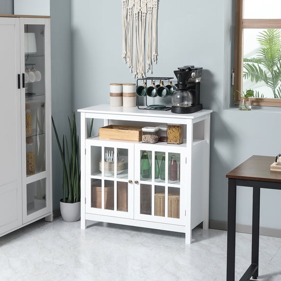 HOMCOM Kitchen Storage Sideboard Cabinet with Open Shelf and Glass Door Cabinets