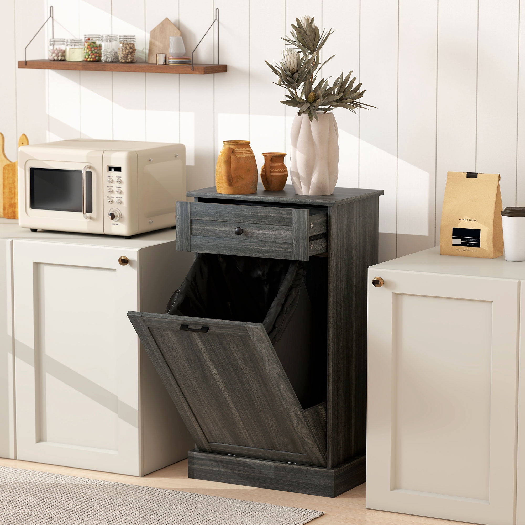 HOMCOM, Kitchen Tilt Out Trash Can Cabinet with Drawer, White Oak