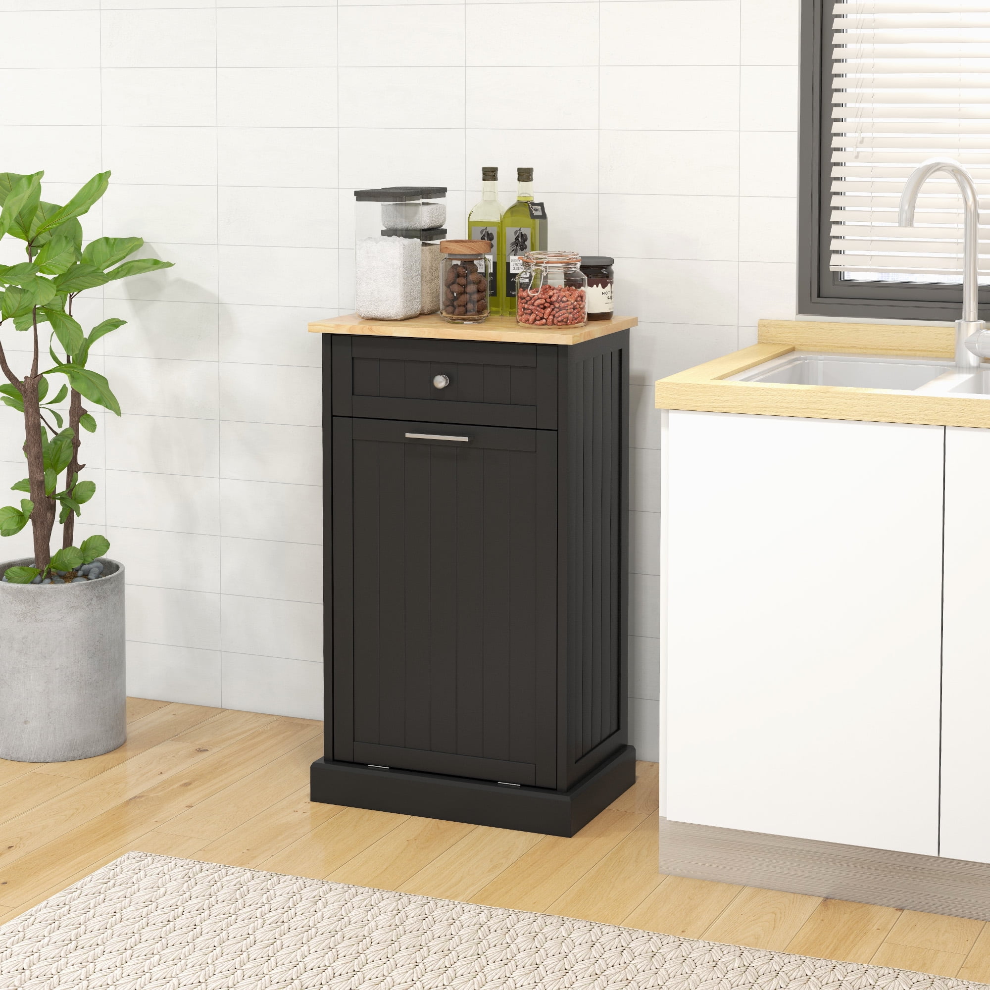 Black Wooden Kitchen Storage Cabinet with Light Wood Top