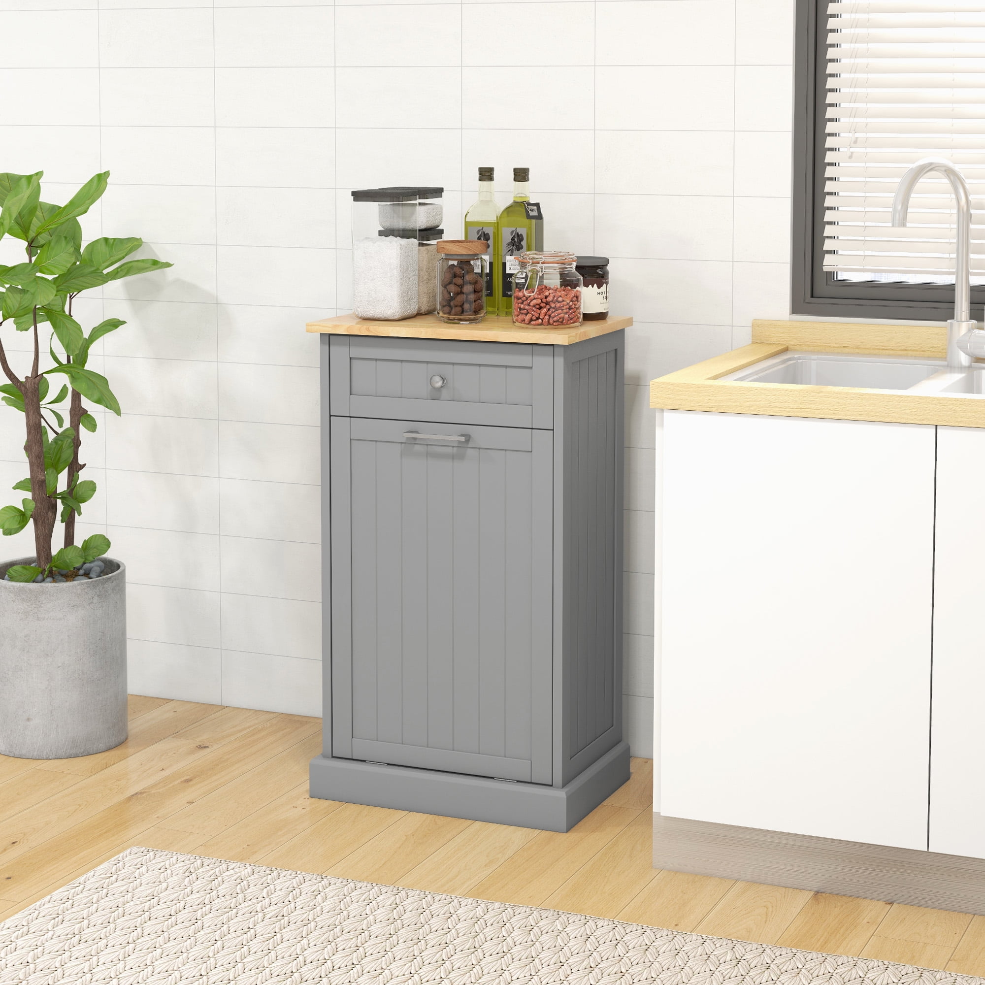 Gray Oak Kitchen Tilt Out Trash Bin Cabinet with Drawer