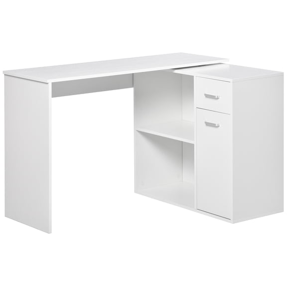 HOMCOM L Shaped Computer Desk, 180 Rotating Corner Desk with Storage Shelves, Drawer and Cabinet, Study Workstation for Home Office, White