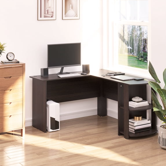 HOMCOM L-Shaped Computer Desk, Laptop Workstation with Return and 2 Storage Shelves for Home Office, Dark Brown