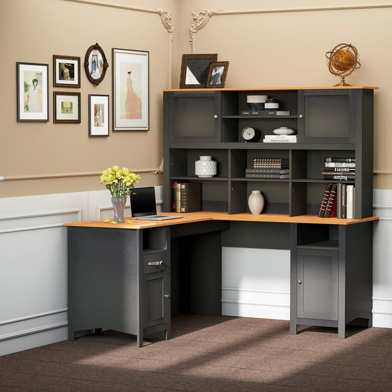 HOMCOM L Shaped Computer Desk with Hutch 59 Corner Desk Space Saving Home Office Desk with Storage Shelves Drawer and Cabinet Black